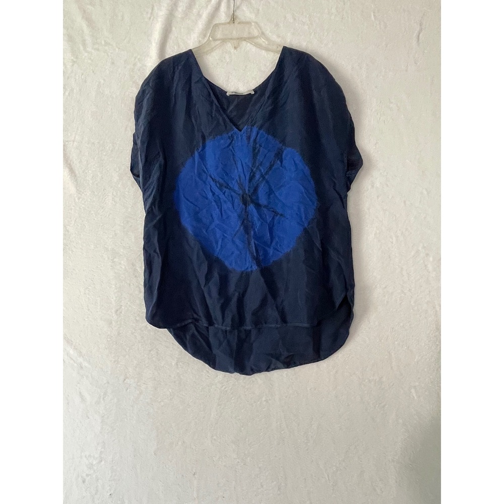 Navy Blue 100% Silk Tie Dye Sunburst V-Neck High-Low Blouse Top Large